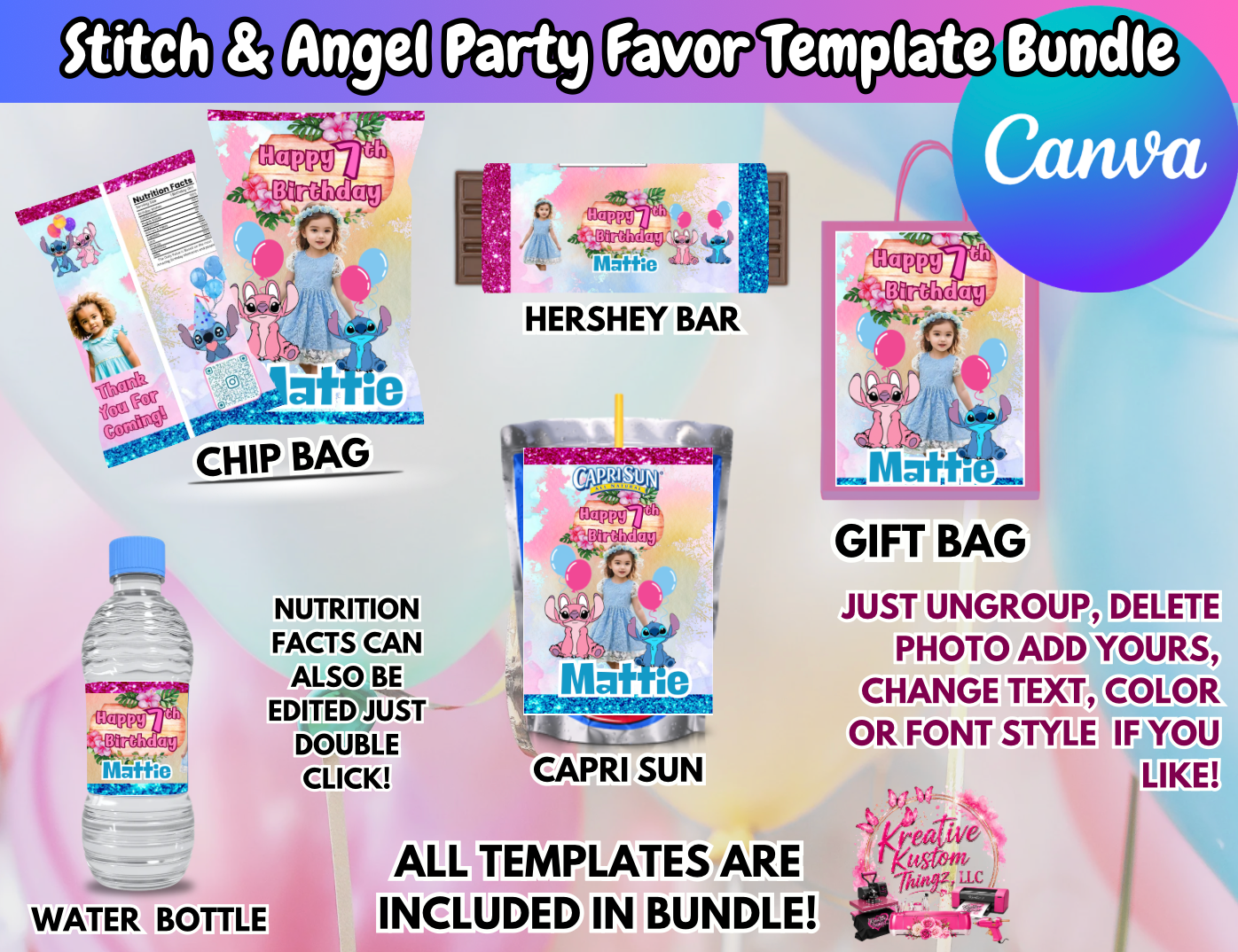 Angel and Stitch Party Bundle. Editable in Canva