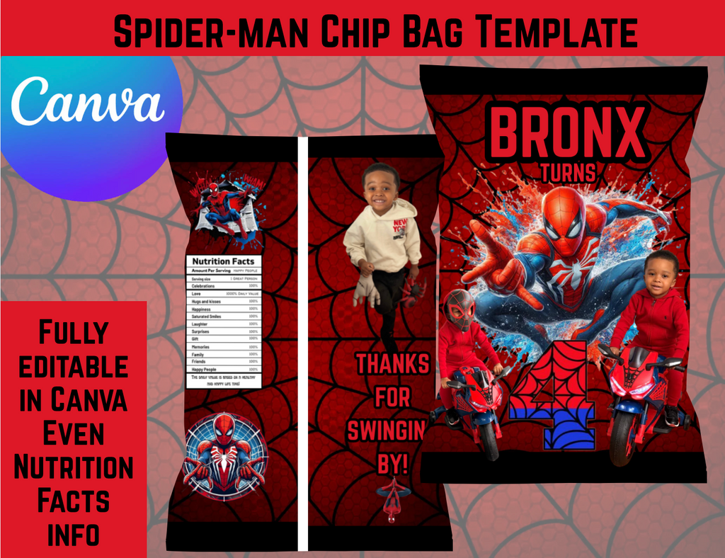 Spider-Man Chip Bag Template | Fully Editable In Canva